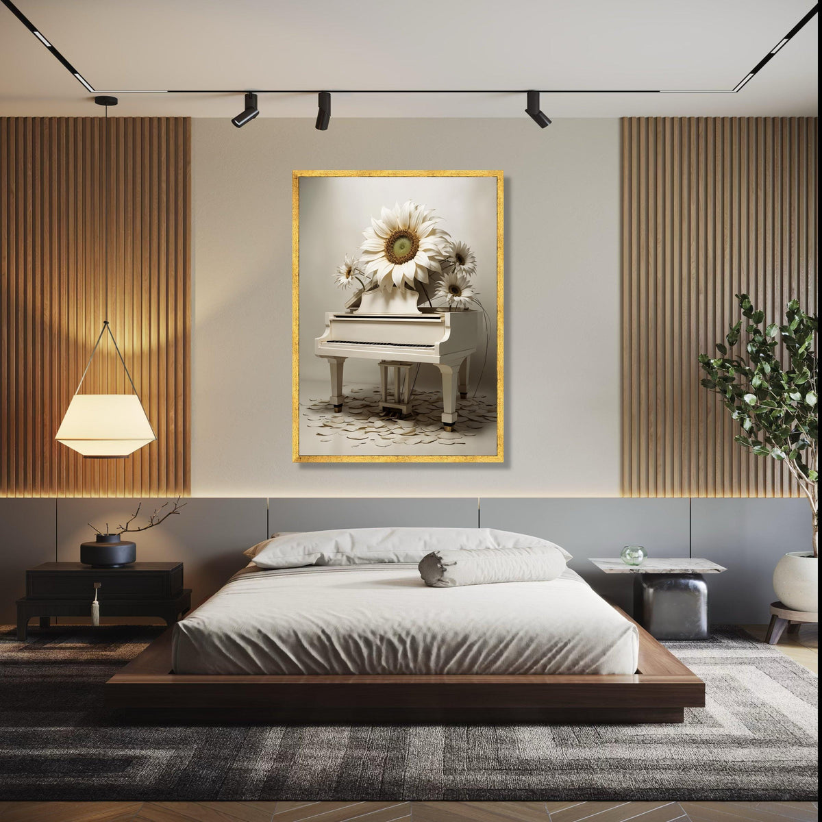 Elegant White Piano with Large Sunflower Canvas Wall Art, Contemporary Floral Music Decor, Artistic Home Gift Art, Home Decor, Print