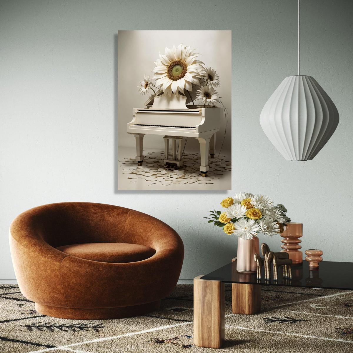 Elegant White Piano with Large Sunflower Canvas Wall Art, Contemporary Floral Music Decor, Artistic Home Gift Art, Home Decor, Print