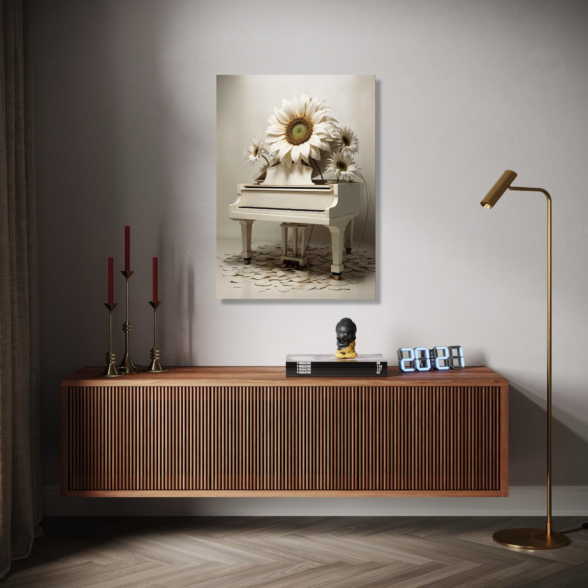 Elegant White Piano with Large Sunflower Canvas Wall Art, Contemporary Floral Music Decor, Artistic Home Gift Art, Home Decor, Print