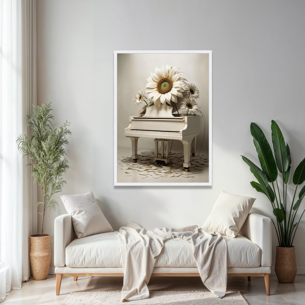 Elegant White Piano with Large Sunflower Canvas Wall Art, Contemporary Floral Music Decor, Artistic Home Gift Art, Home Decor, Print