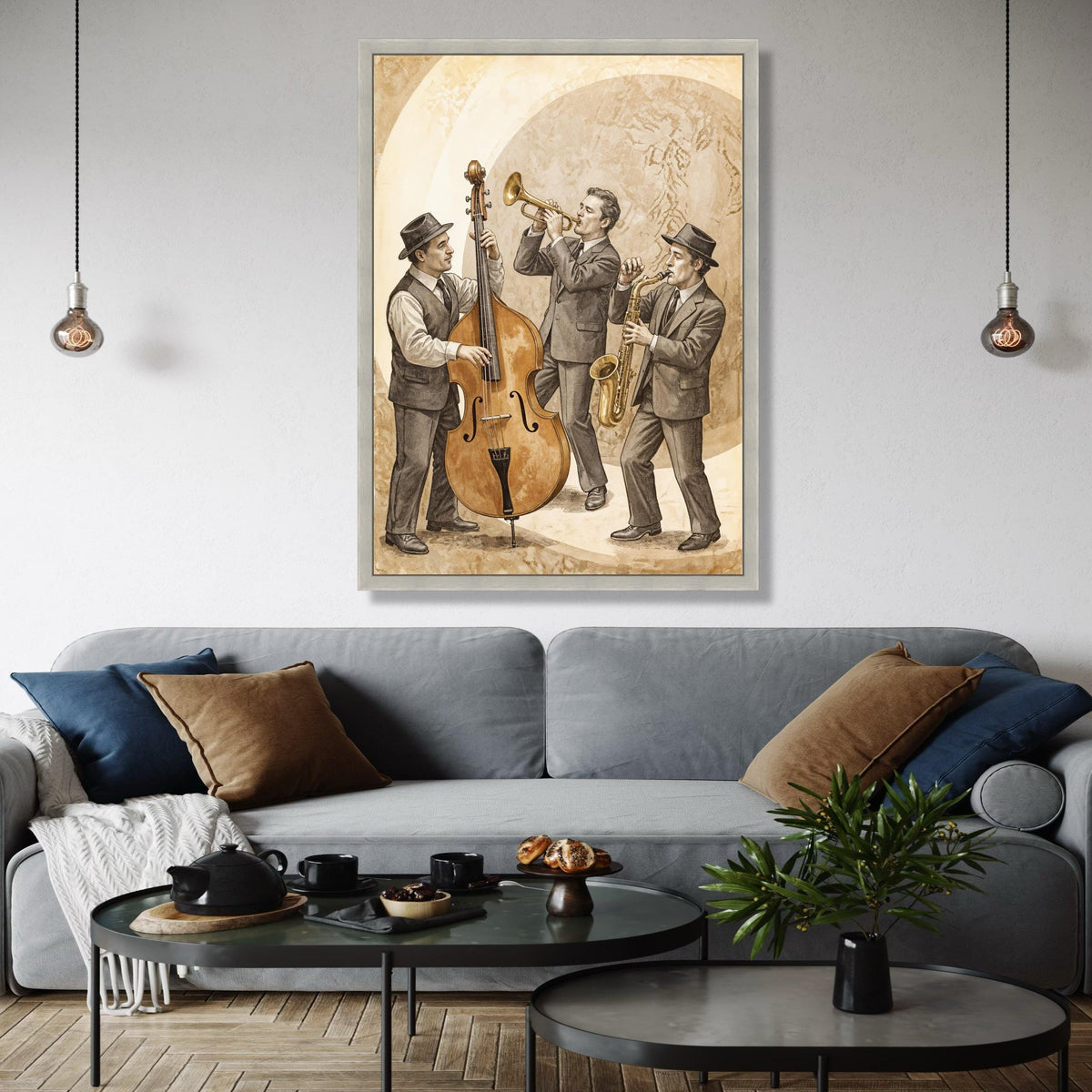 Vintage Jazz Trio Canvas Art, Retro Musical Instruments Wall Art, Saxophone Trumpet Double Bass, Classic Jazz Gift Art, Home Decor, Print