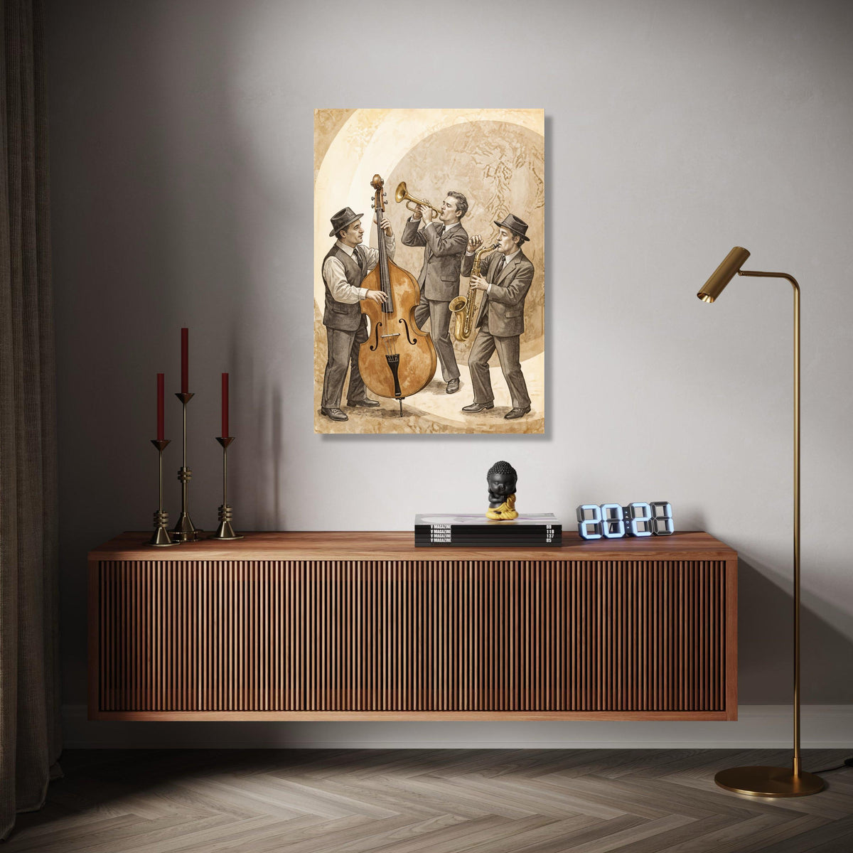 Vintage Jazz Trio Canvas Art, Retro Musical Instruments Wall Art, Saxophone Trumpet Double Bass, Classic Jazz Gift Art, Home Decor, Print