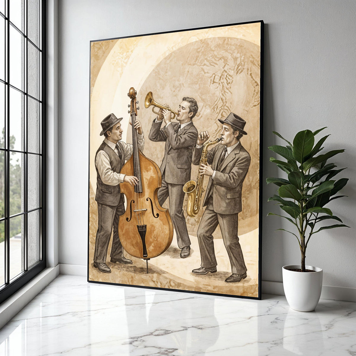 Vintage Jazz Trio Canvas Art, Retro Musical Instruments Wall Art, Saxophone Trumpet Double Bass, Classic Jazz Gift Art, Home Decor, Print