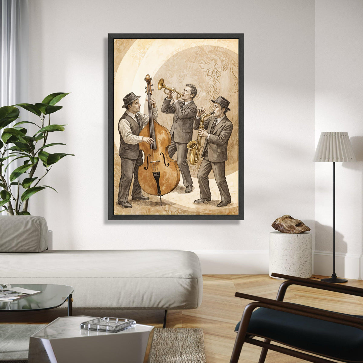 Vintage Jazz Trio Canvas Art, Retro Musical Instruments Wall Art, Saxophone Trumpet Double Bass, Classic Jazz Gift Art, Home Decor, Print