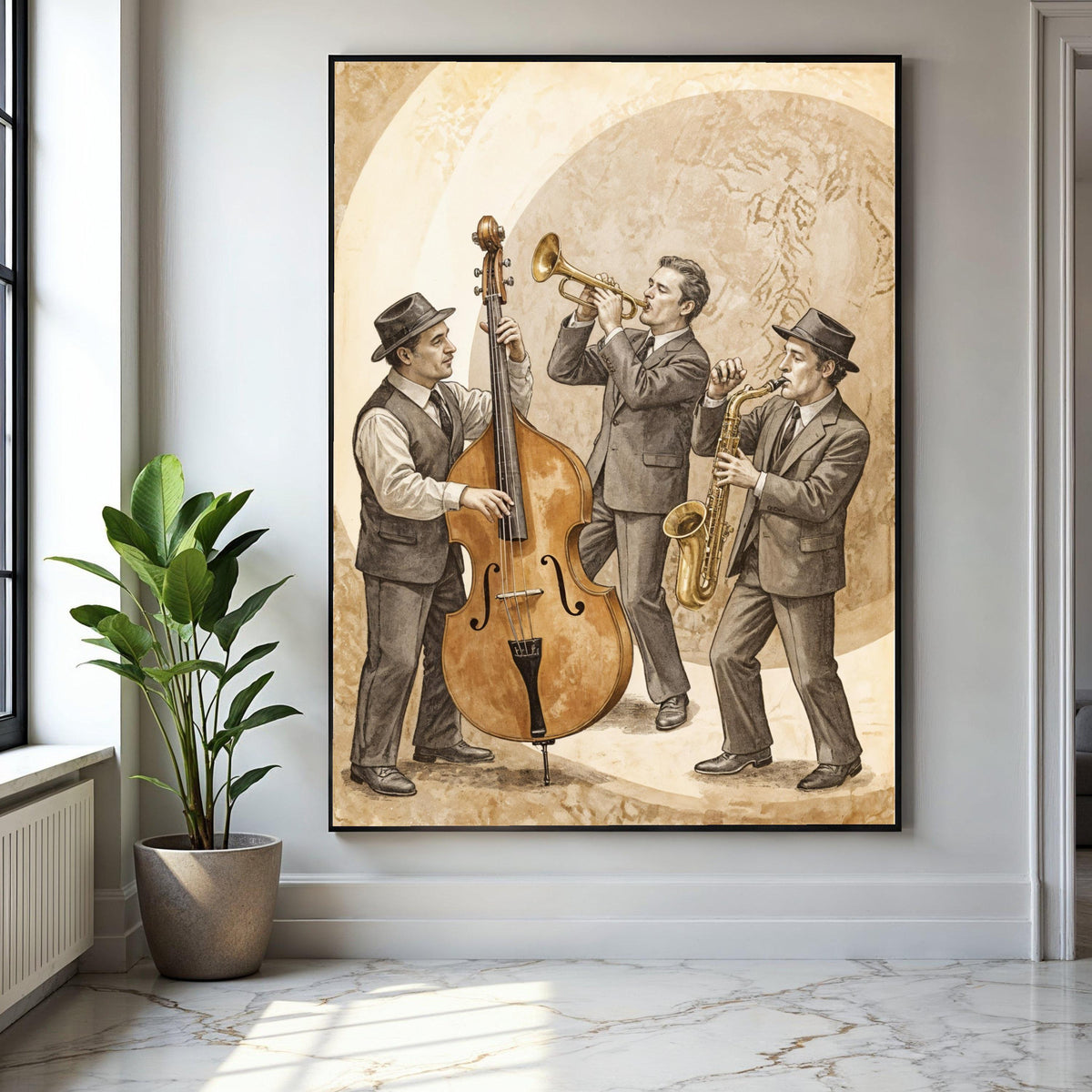 Vintage Jazz Trio Canvas Art, Retro Musical Instruments Wall Art, Saxophone Trumpet Double Bass, Classic Jazz Gift Art, Home Decor, Print