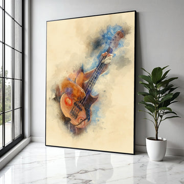 Watercolor Bass Guitar Player Canvas, Music Instrument Art, Abstract Musician Wall Decor, Vintage Style Canvas, Gift Art, Home Decor, Print