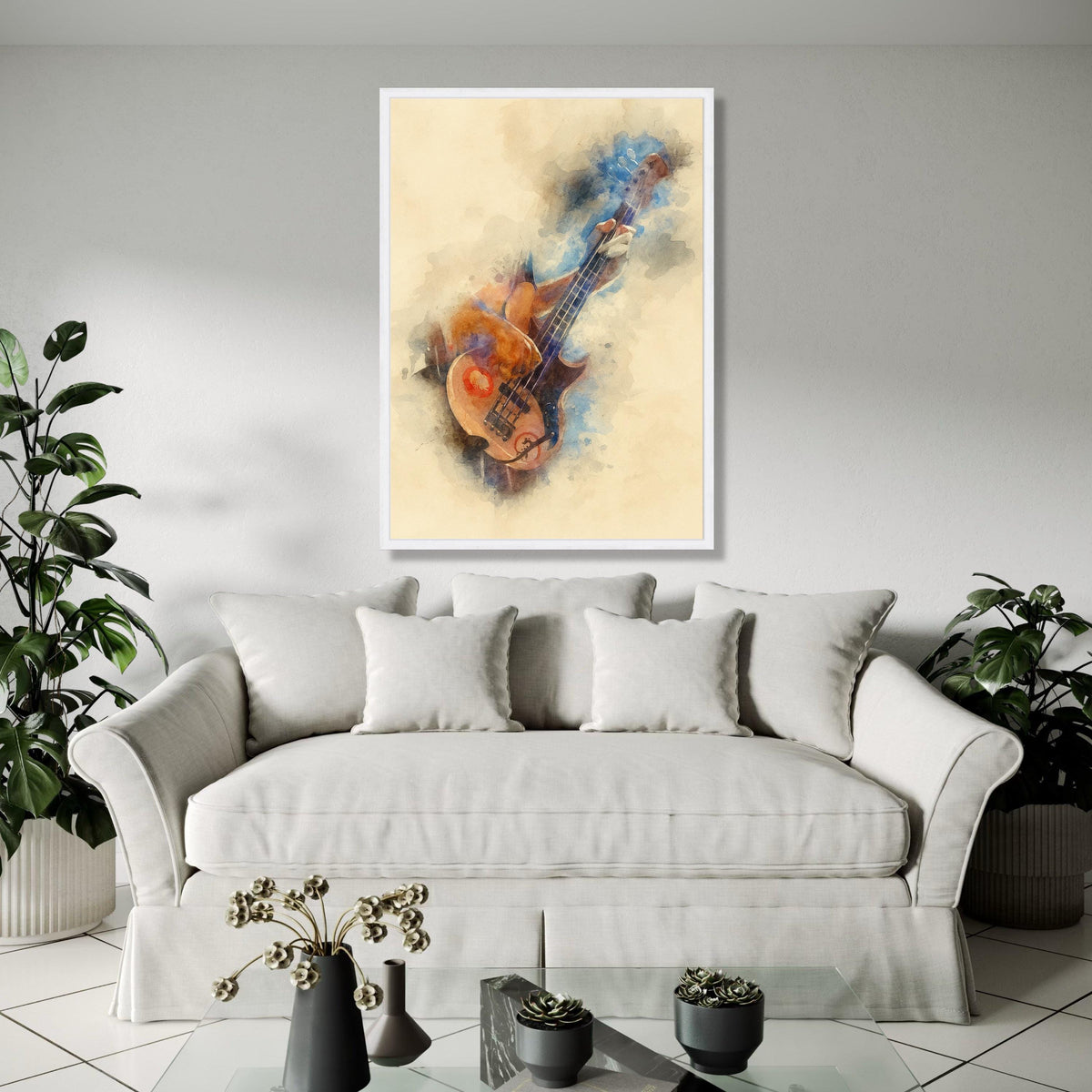 Watercolor Bass Guitar Player Canvas, Music Instrument Art, Abstract Musician Wall Decor, Vintage Style Canvas, Gift Art, Home Decor, Print