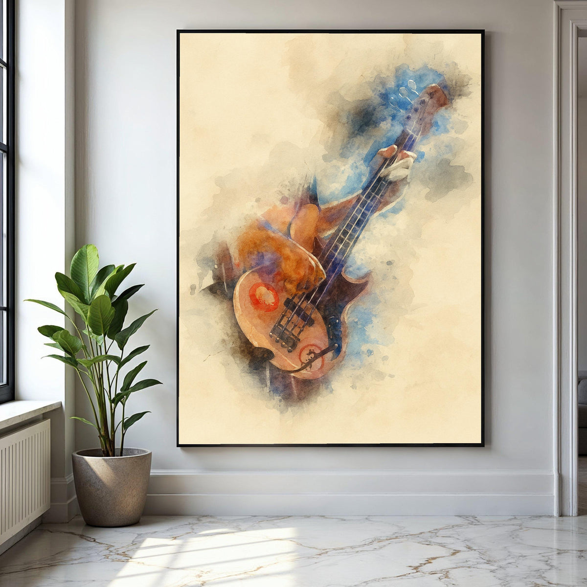 Watercolor Bass Guitar Player Canvas, Music Instrument Art, Abstract Musician Wall Decor, Vintage Style Canvas, Gift Art, Home Decor, Print