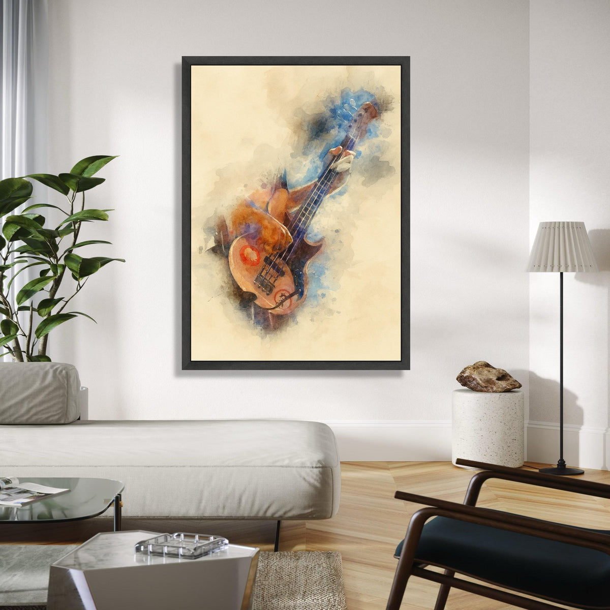 Watercolor Bass Guitar Player Canvas, Music Instrument Art, Abstract Musician Wall Decor, Vintage Style Canvas, Gift Art, Home Decor, Print