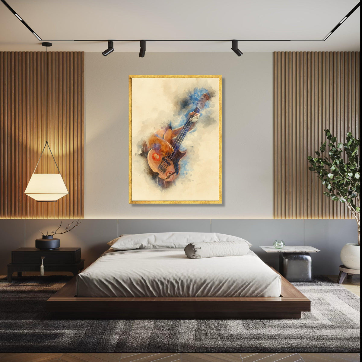 Watercolor Bass Guitar Player Canvas, Music Instrument Art, Abstract Musician Wall Decor, Vintage Style Canvas, Gift Art, Home Decor, Print