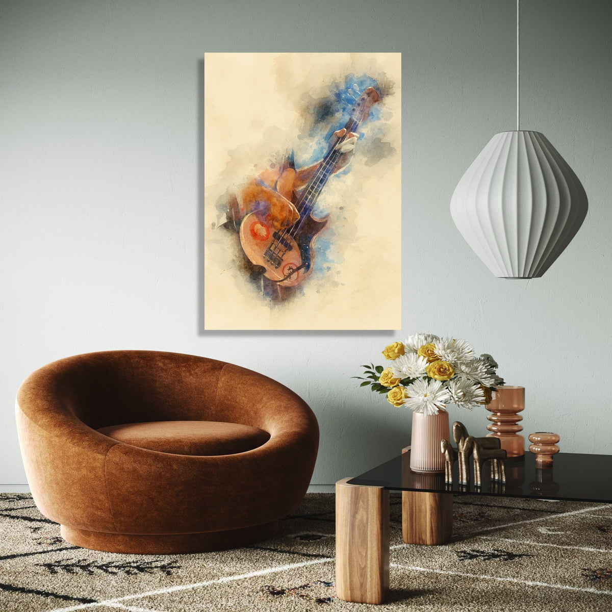 Watercolor Bass Guitar Player Canvas, Music Instrument Art, Abstract Musician Wall Decor, Vintage Style Canvas, Gift Art, Home Decor, Print