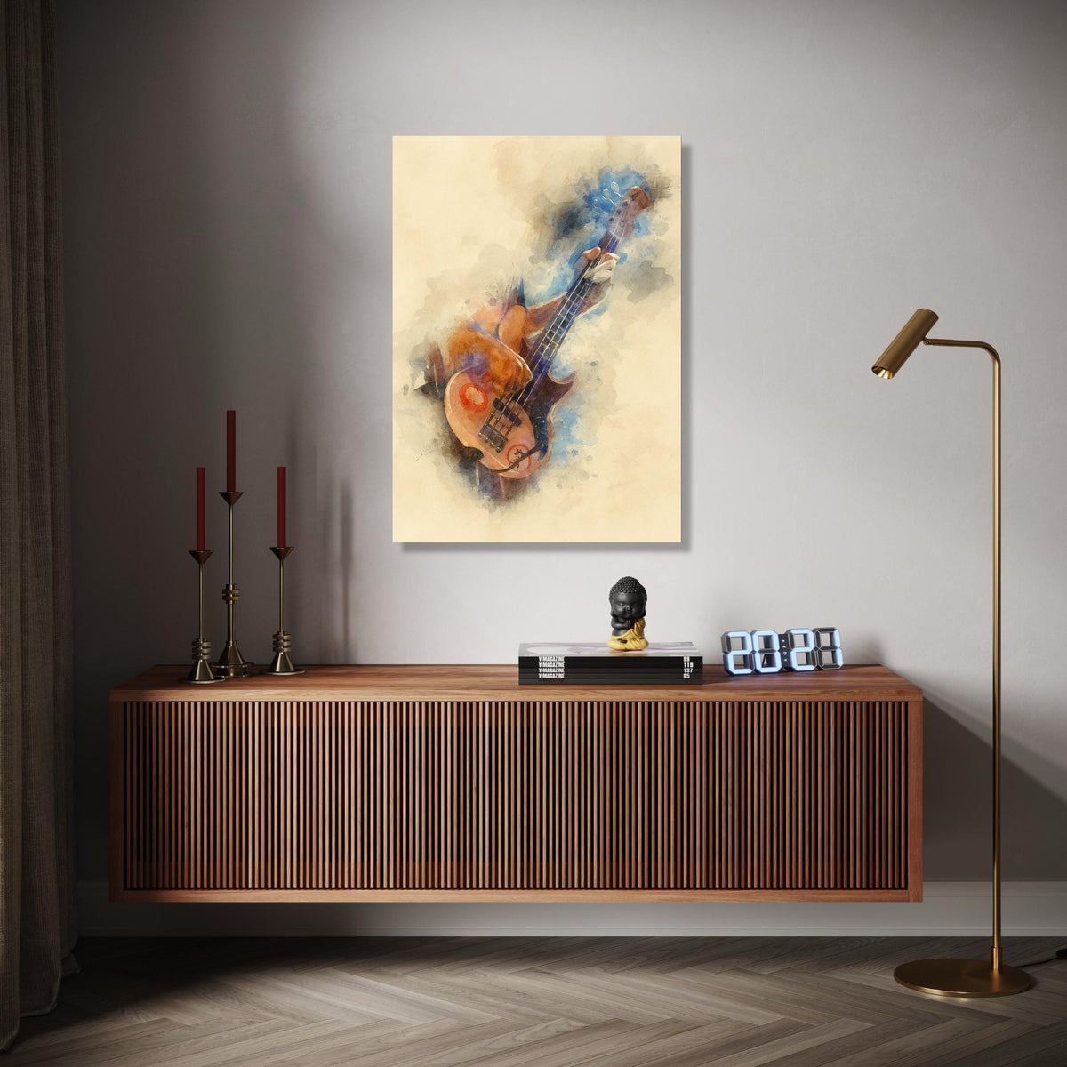 Watercolor Bass Guitar Player Canvas, Music Instrument Art, Abstract Musician Wall Decor, Vintage Style Canvas, Gift Art, Home Decor, Print