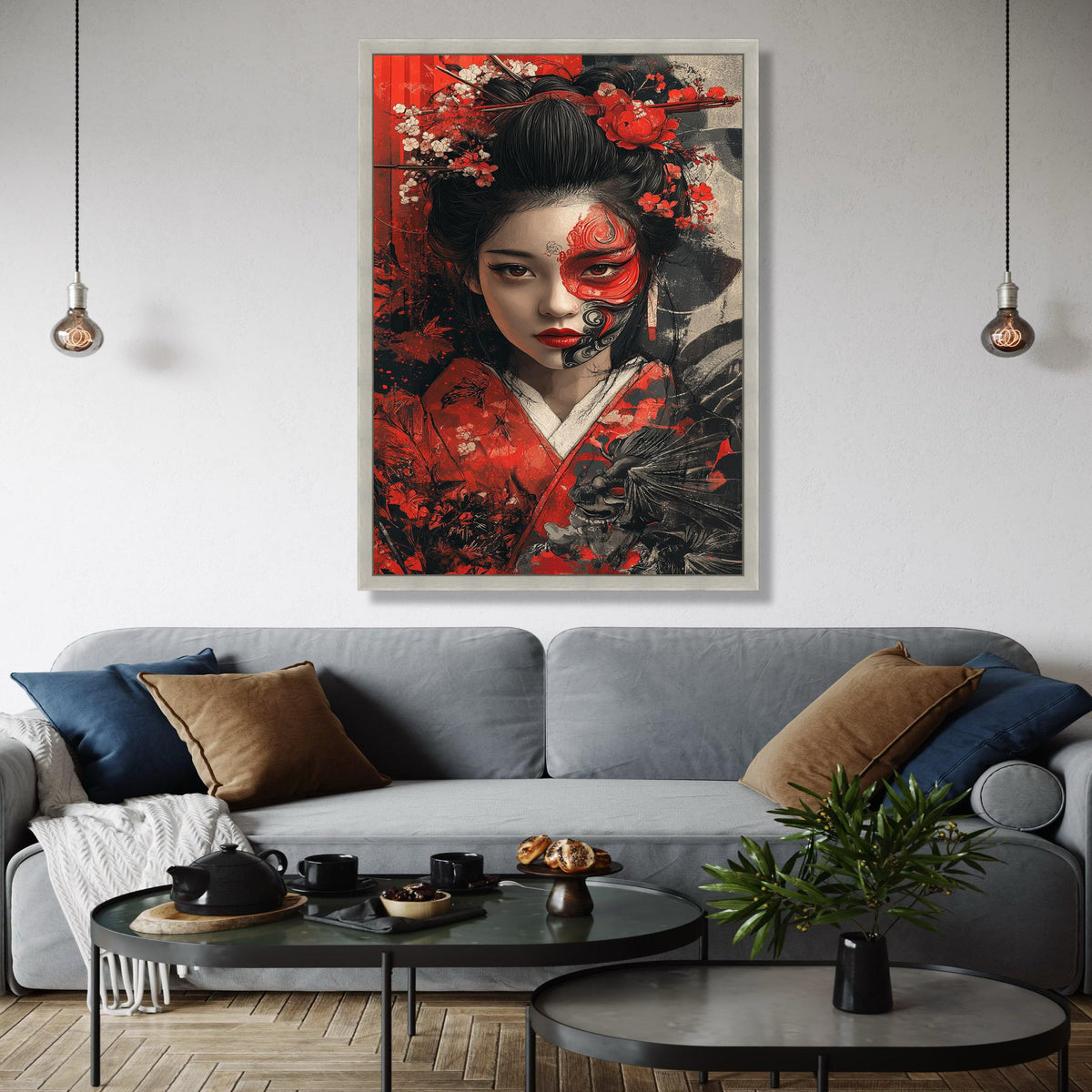 Elegant Geisha Portrait Canvas, Japanese Woman Wall Art, Red and Black Floral Kimono Art, Face Paint Decorative Gift Art, Home Decor, Print