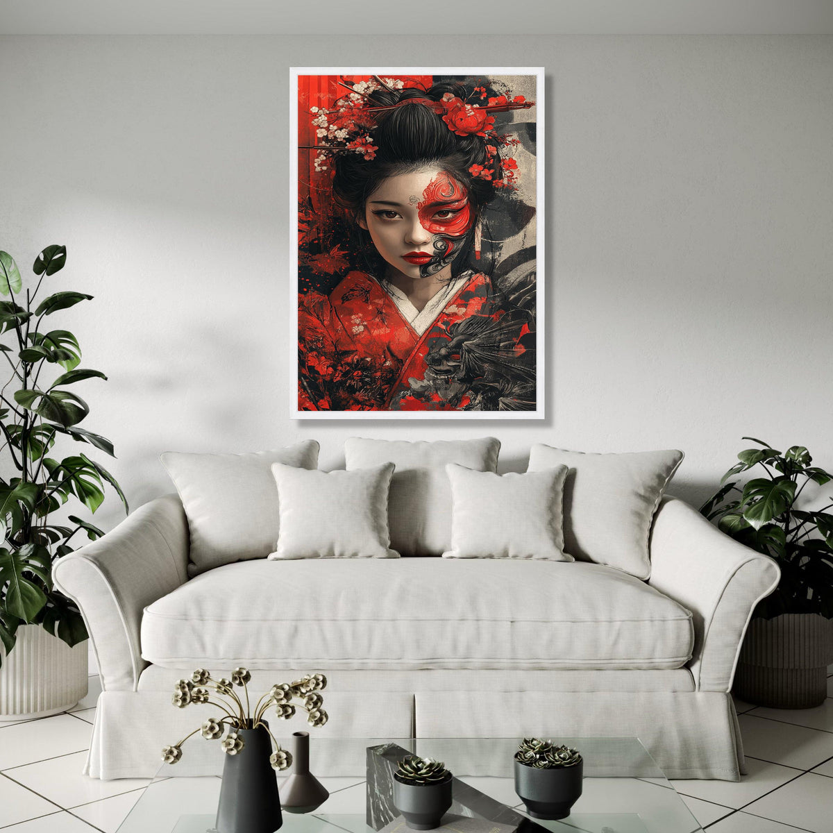 Elegant Geisha Portrait Canvas, Japanese Woman Wall Art, Red and Black Floral Kimono Art, Face Paint Decorative Gift Art, Home Decor, Print