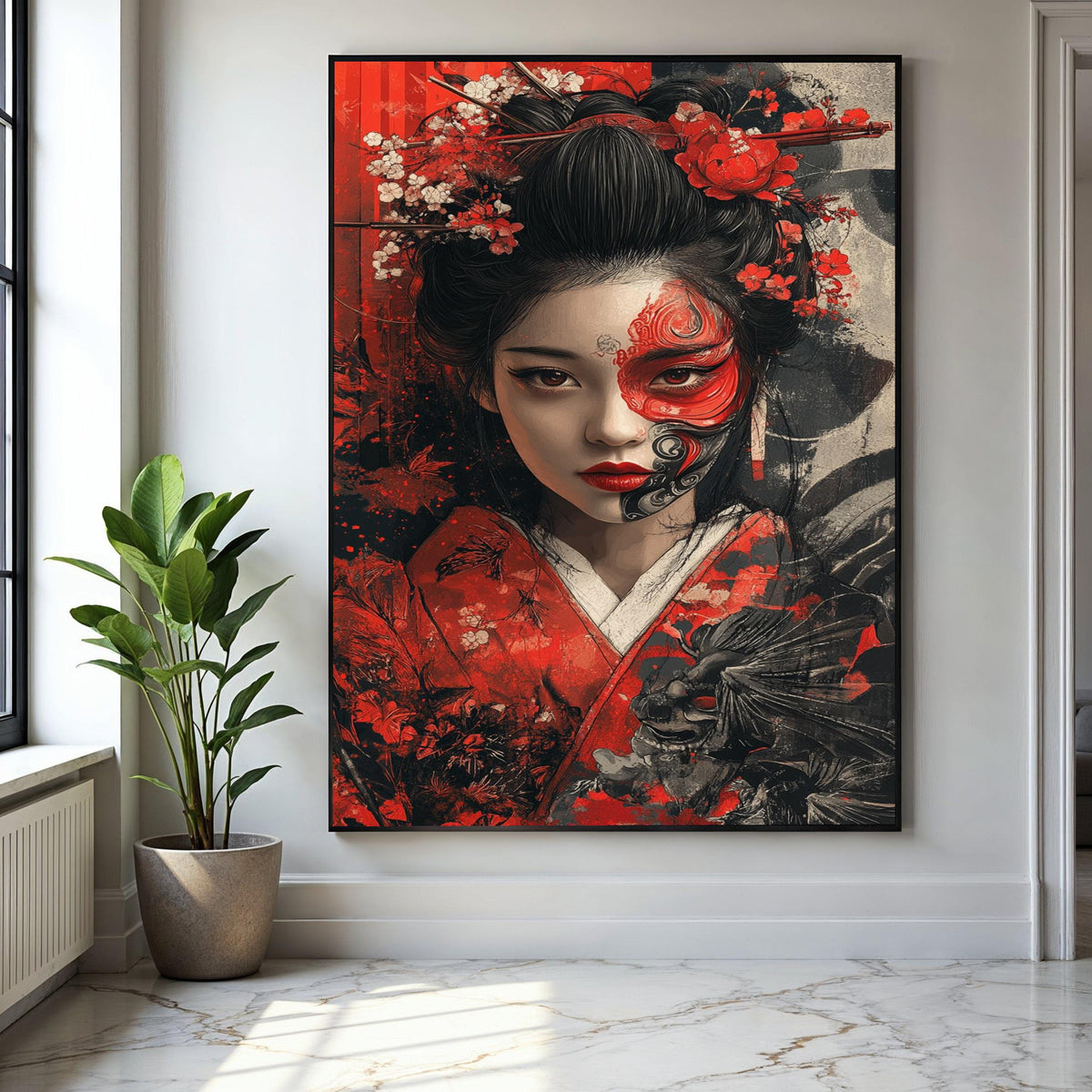 Elegant Geisha Portrait Canvas, Japanese Woman Wall Art, Red and Black Floral Kimono Art, Face Paint Decorative Gift Art, Home Decor, Print