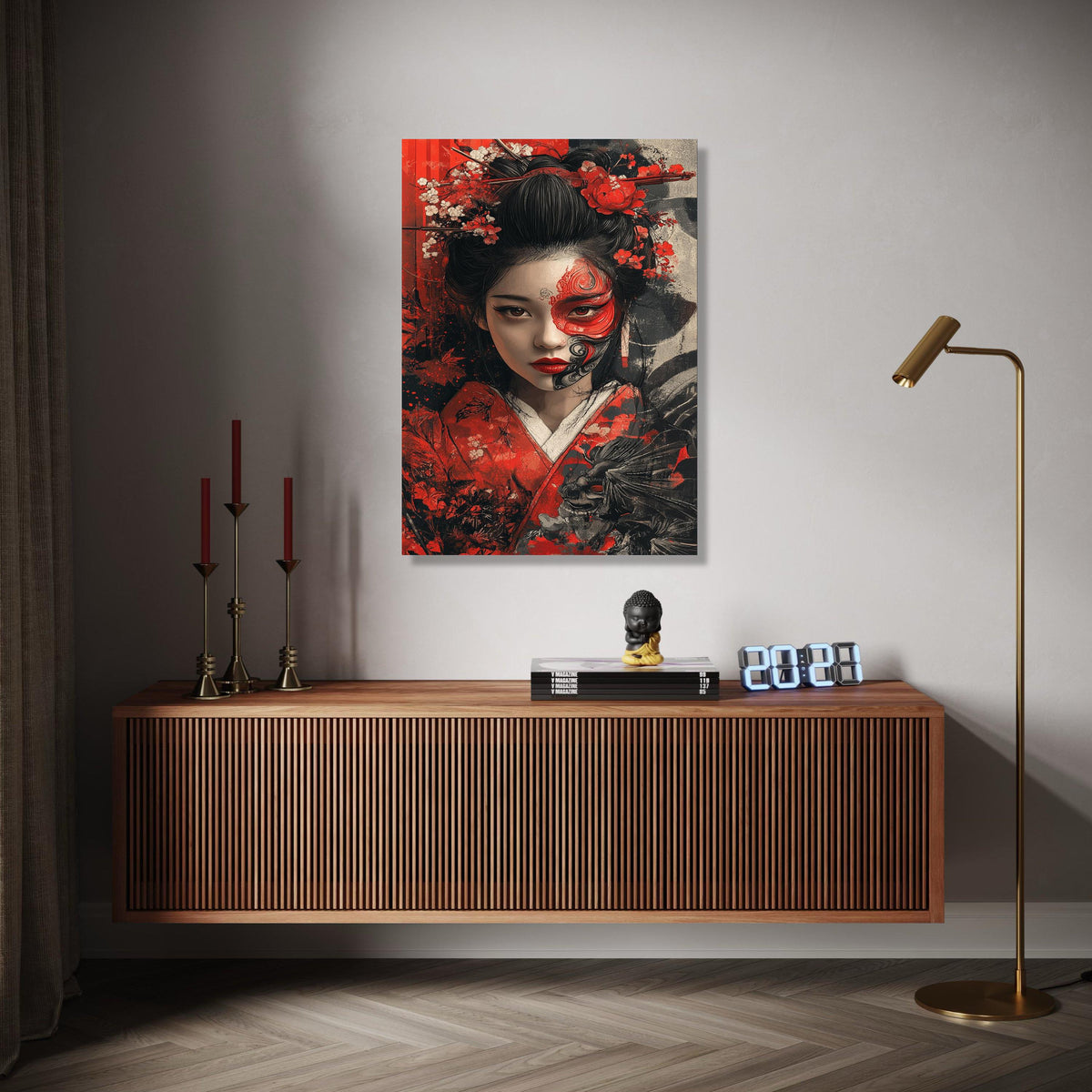 Elegant Geisha Portrait Canvas, Japanese Woman Wall Art, Red and Black Floral Kimono Art, Face Paint Decorative Gift Art, Home Decor, Print