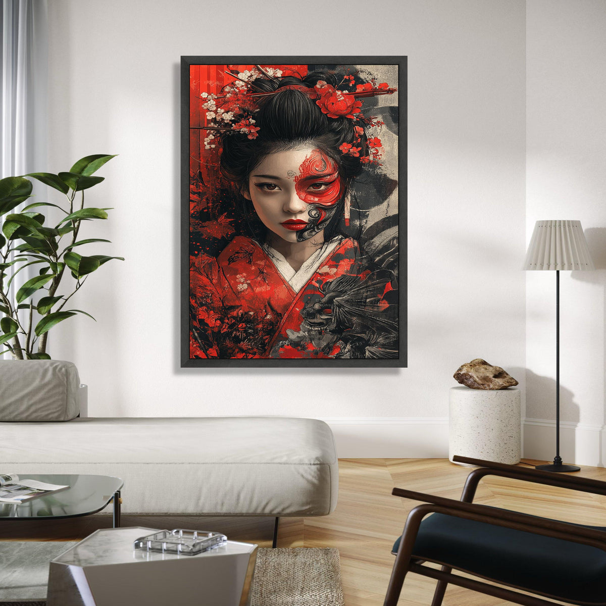 Elegant Geisha Portrait Canvas, Japanese Woman Wall Art, Red and Black Floral Kimono Art, Face Paint Decorative Gift Art, Home Decor, Print