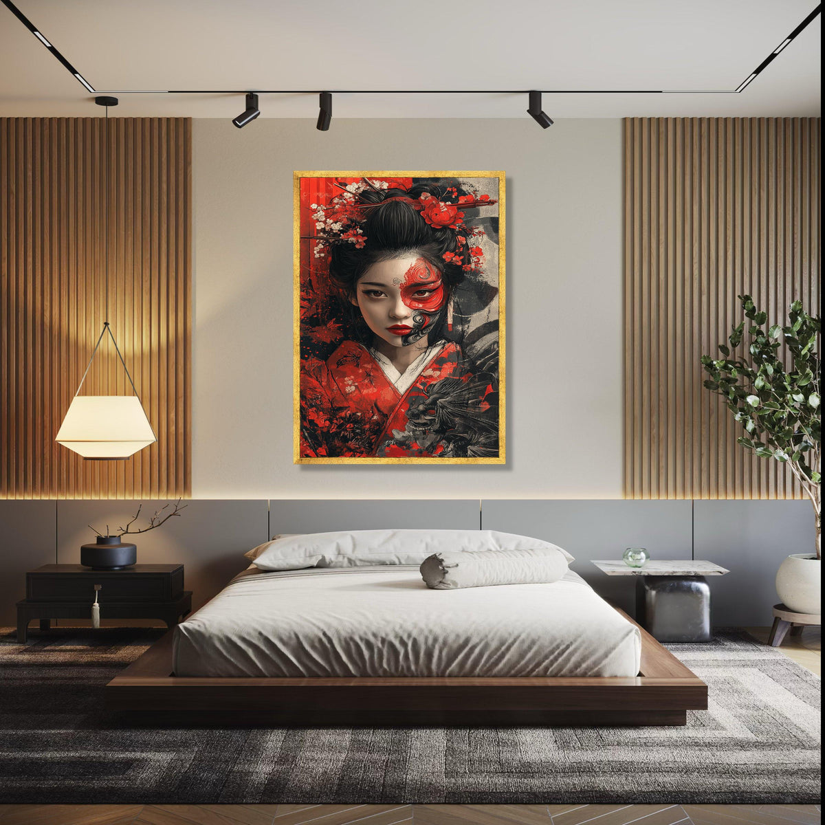 Elegant Geisha Portrait Canvas, Japanese Woman Wall Art, Red and Black Floral Kimono Art, Face Paint Decorative Gift Art, Home Decor, Print
