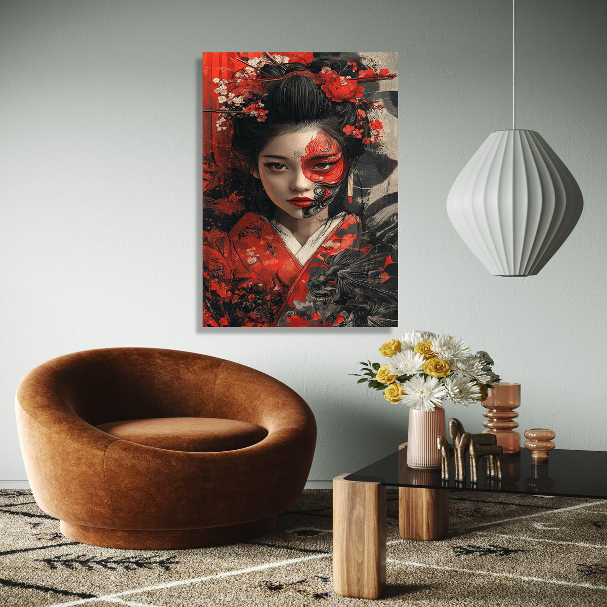 Elegant Geisha Portrait Canvas, Japanese Woman Wall Art, Red and Black Floral Kimono Art, Face Paint Decorative Gift Art, Home Decor, Print