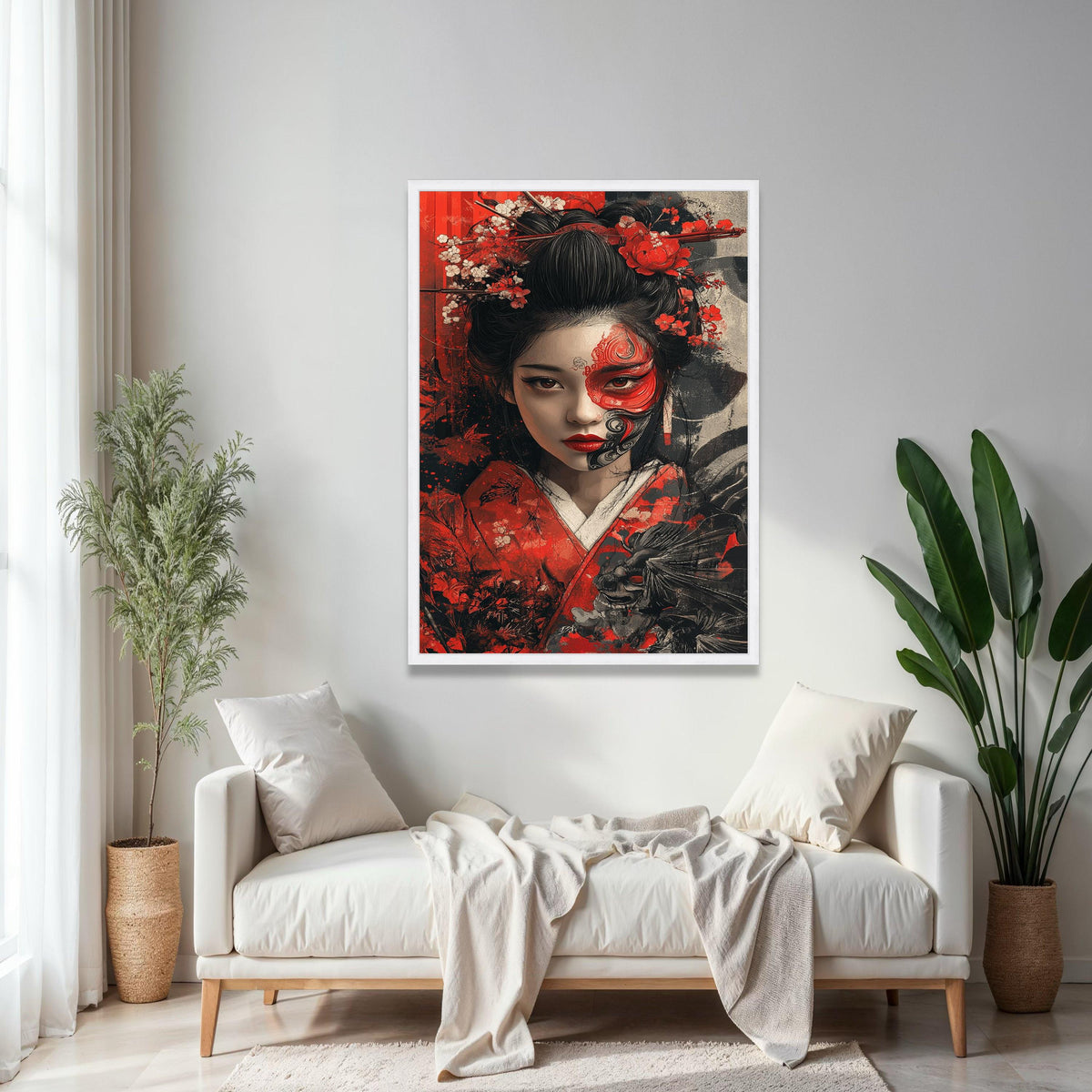 Elegant Geisha Portrait Canvas, Japanese Woman Wall Art, Red and Black Floral Kimono Art, Face Paint Decorative Gift Art, Home Decor, Print