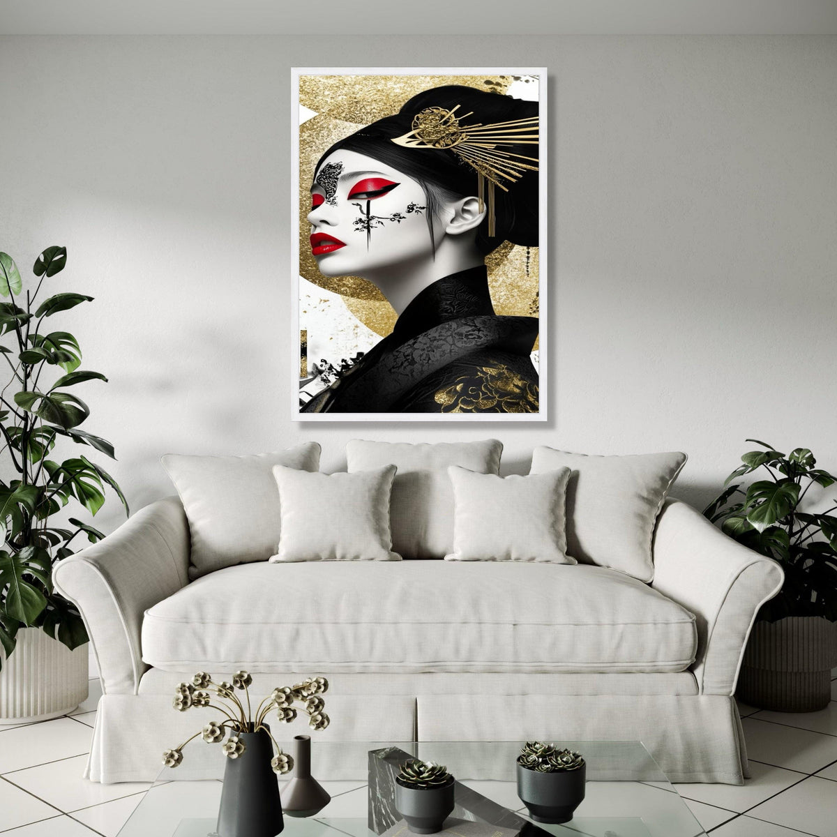 Elegant Geisha Portrait Canvas, Gold and Red Wall Art, Japanese Inspired Face Painting, Oriental Decorative Gift Art, Home Decor, Print