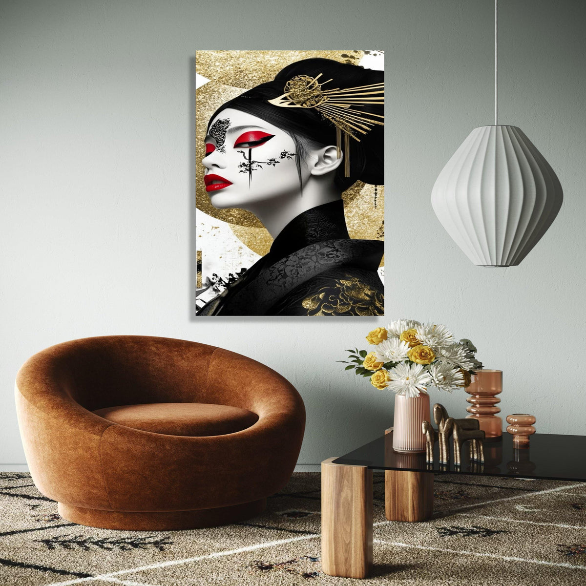Elegant Geisha Portrait Canvas, Gold and Red Wall Art, Japanese Inspired Face Painting, Oriental Decorative Gift Art, Home Decor, Print