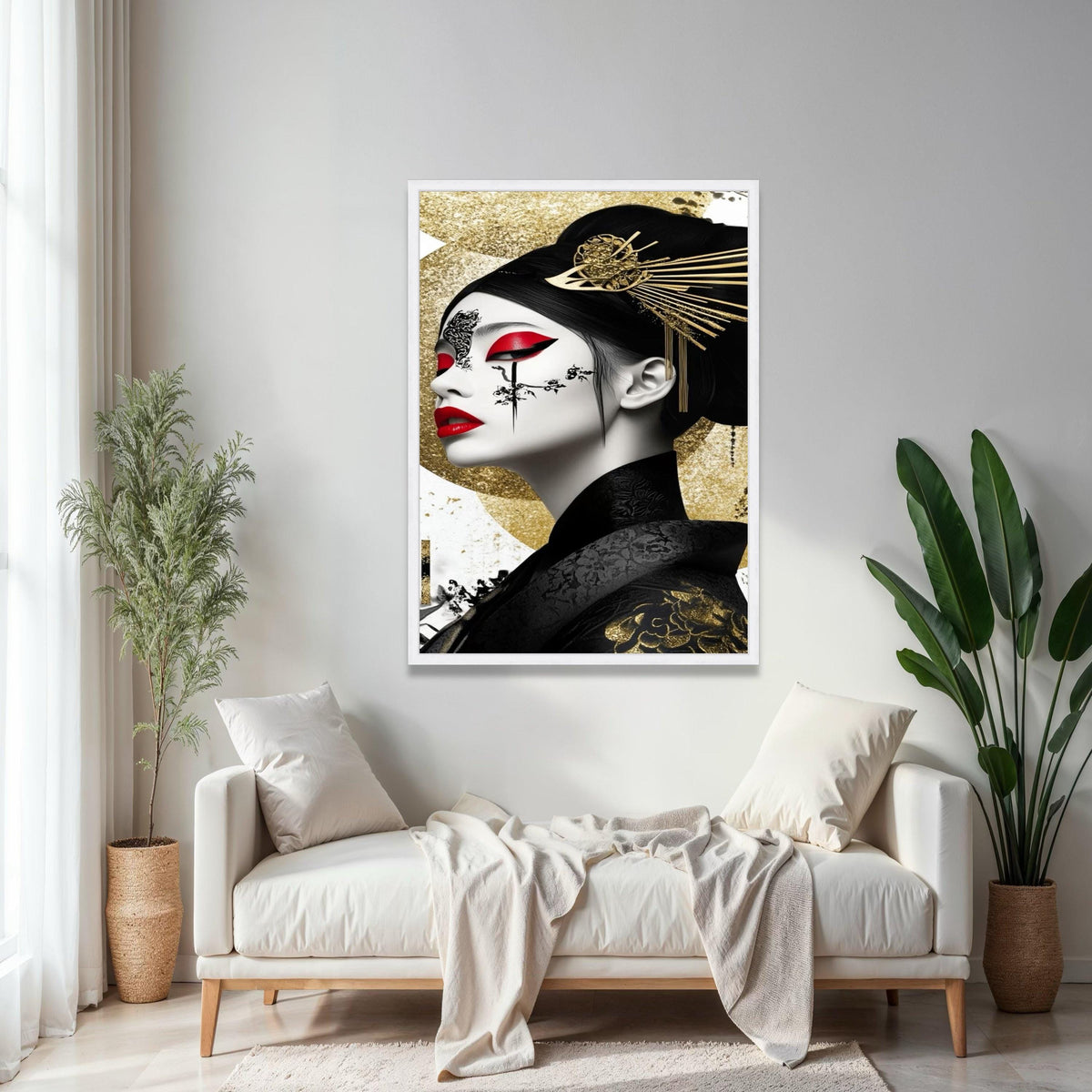 Elegant Geisha Portrait Canvas, Gold and Red Wall Art, Japanese Inspired Face Painting, Oriental Decorative Gift Art, Home Decor, Print