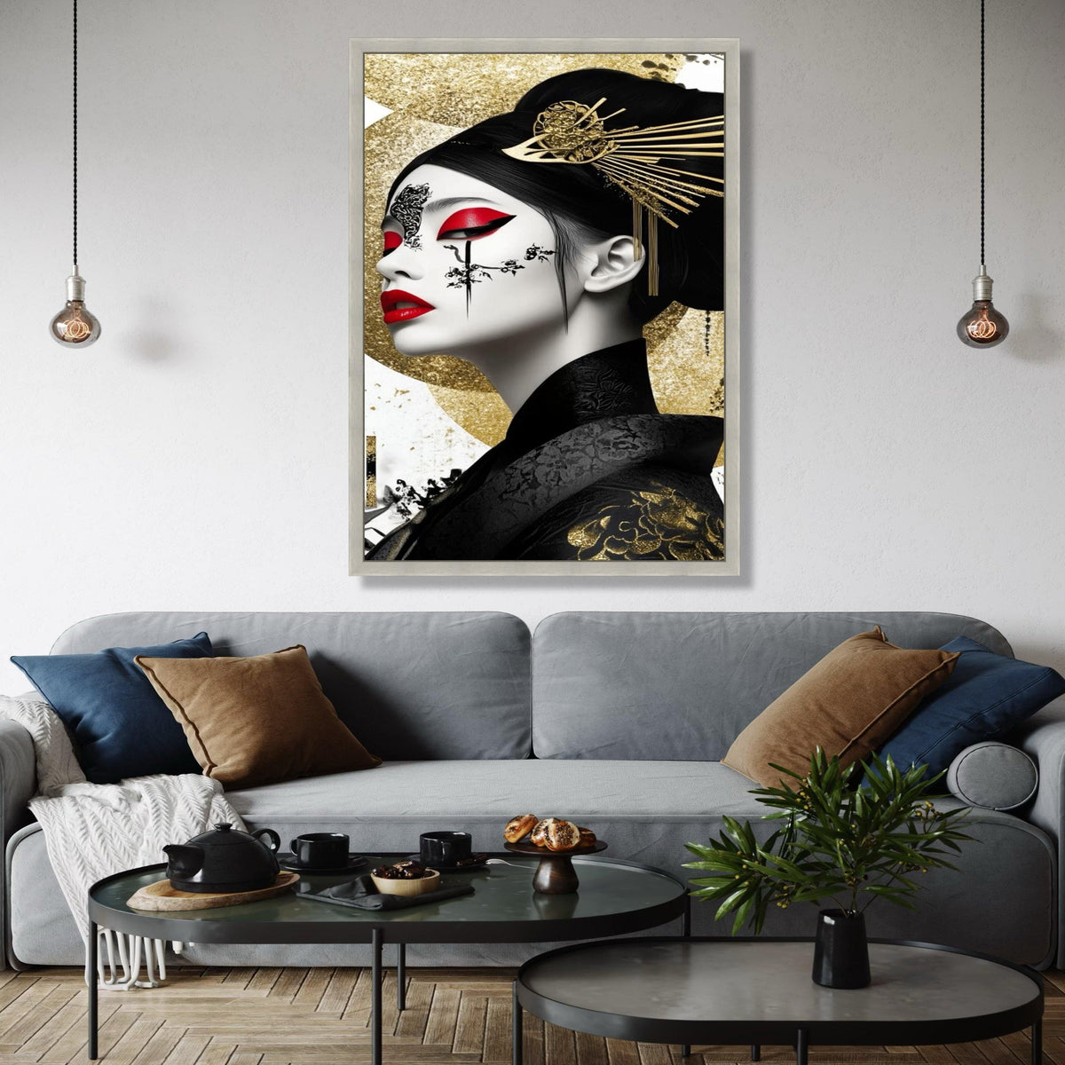 Elegant Geisha Portrait Canvas, Gold and Red Wall Art, Japanese Inspired Face Painting, Oriental Decorative Gift Art, Home Decor, Print