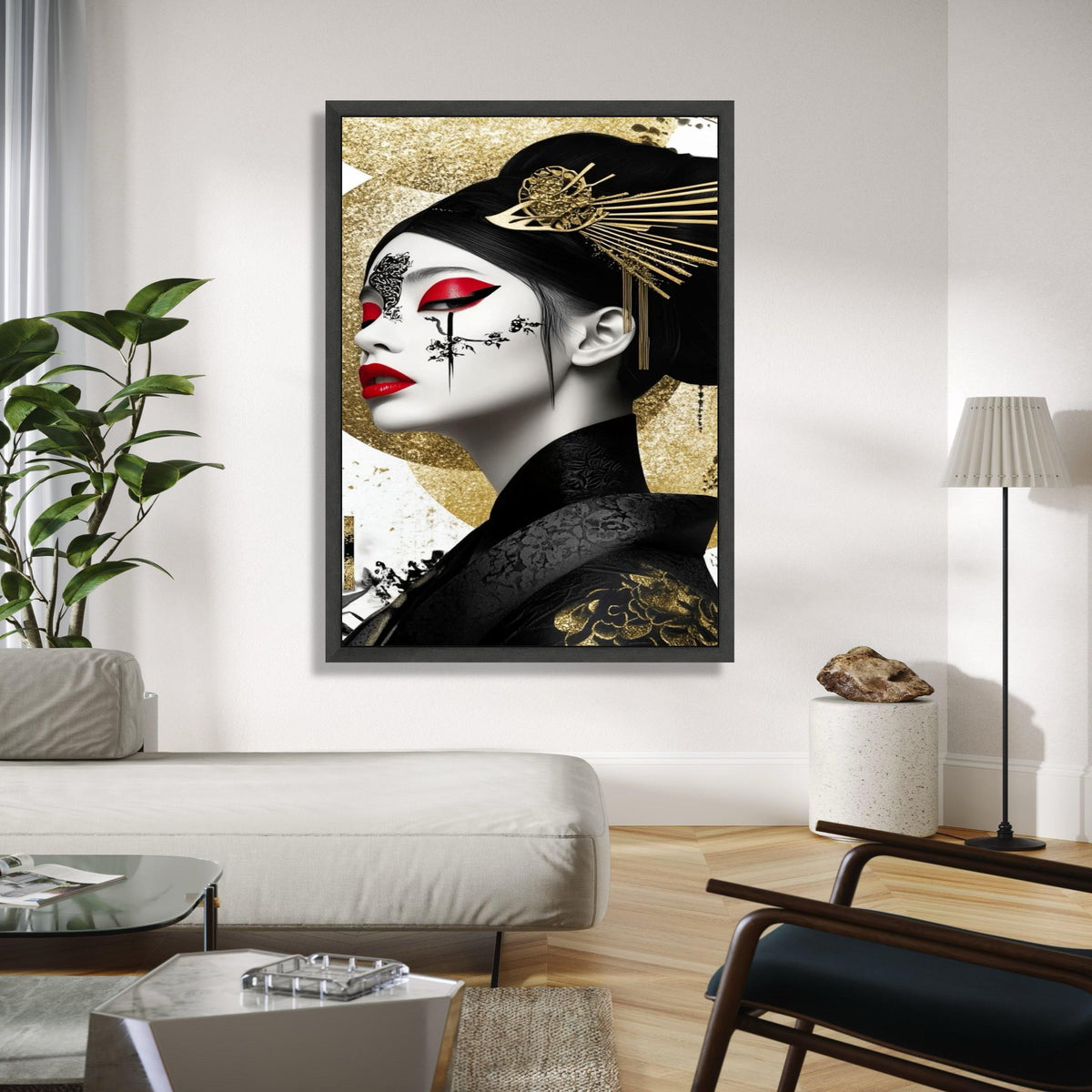 Elegant Geisha Portrait Canvas, Gold and Red Wall Art, Japanese Inspired Face Painting, Oriental Decorative Gift Art, Home Decor, Print