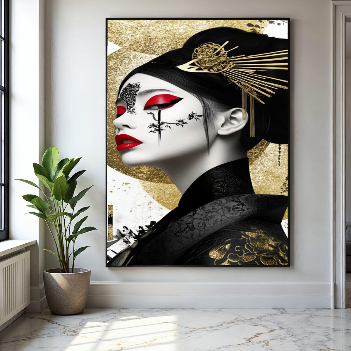 Elegant Geisha Portrait Canvas, Gold and Red Wall Art, Japanese Inspired Face Painting, Oriental Decorative Gift Art, Home Decor, Print