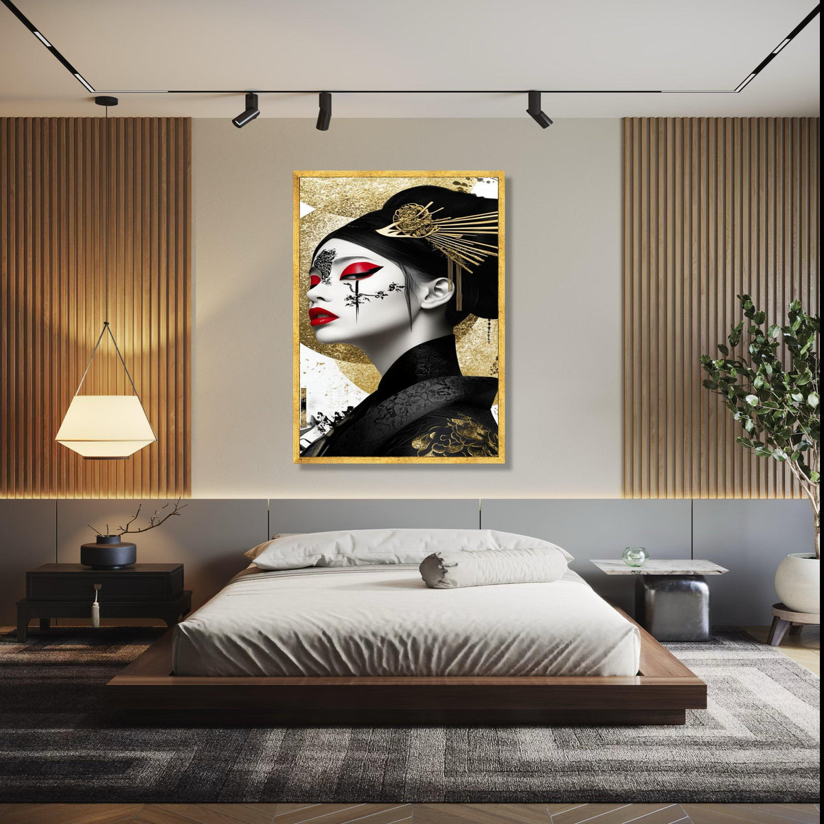 Elegant Geisha Portrait Canvas, Gold and Red Wall Art, Japanese Inspired Face Painting, Oriental Decorative Gift Art, Home Decor, Print
