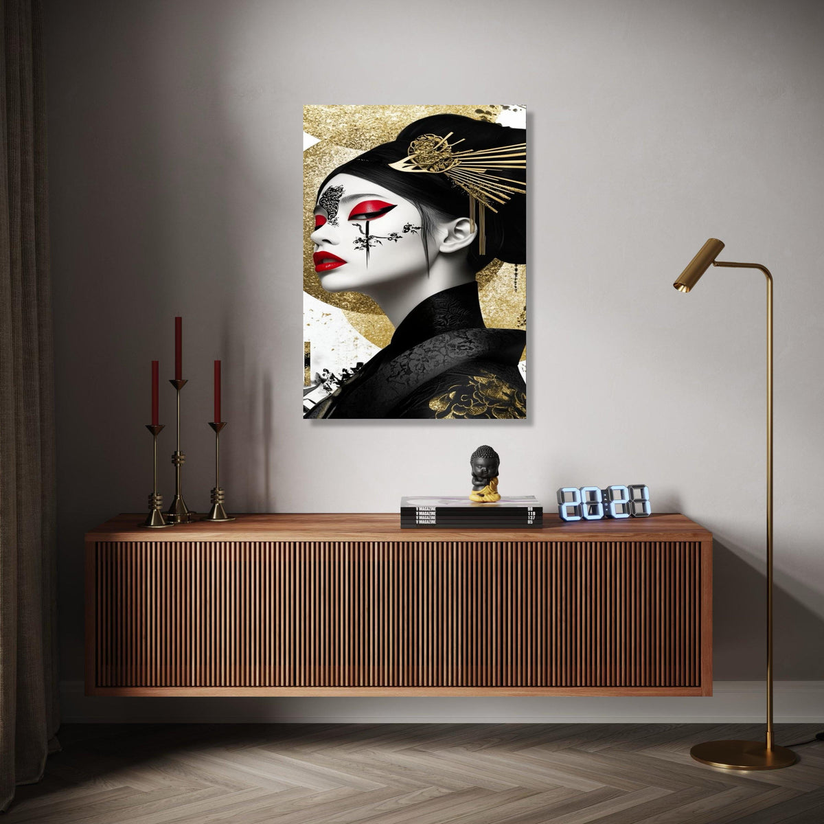 Elegant Geisha Portrait Canvas, Gold and Red Wall Art, Japanese Inspired Face Painting, Oriental Decorative Gift Art, Home Decor, Print