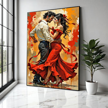 Passionate Flamenco Dance Couple Canvas, Romantic Spanish Dance Wall Art, Red Dress Movement Artwork, Dramatic Gift Art, Home Decor, Print