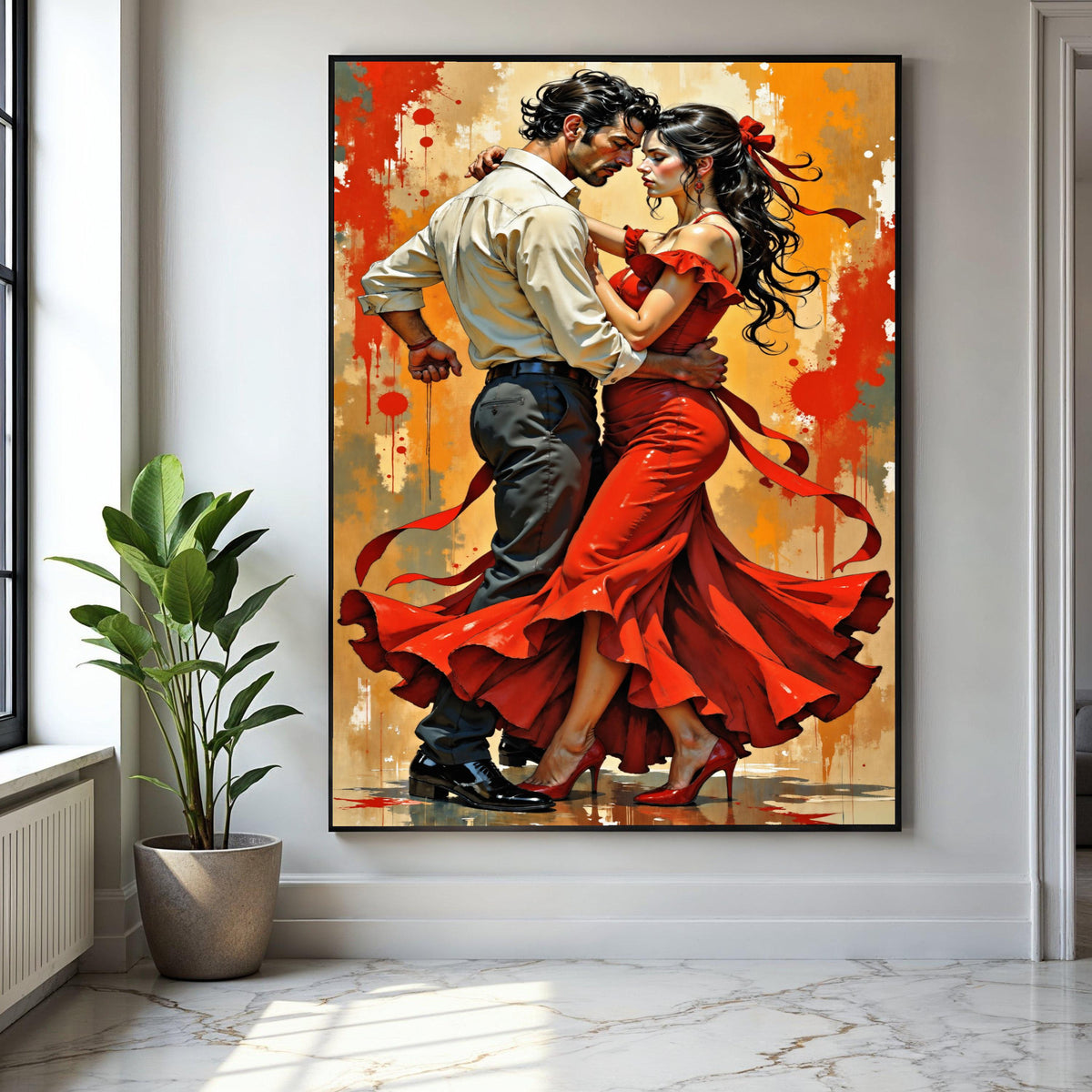 Passionate Flamenco Dance Couple Canvas, Romantic Spanish Dance Wall Art, Red Dress Movement Artwork, Dramatic Gift Art, Home Decor, Print