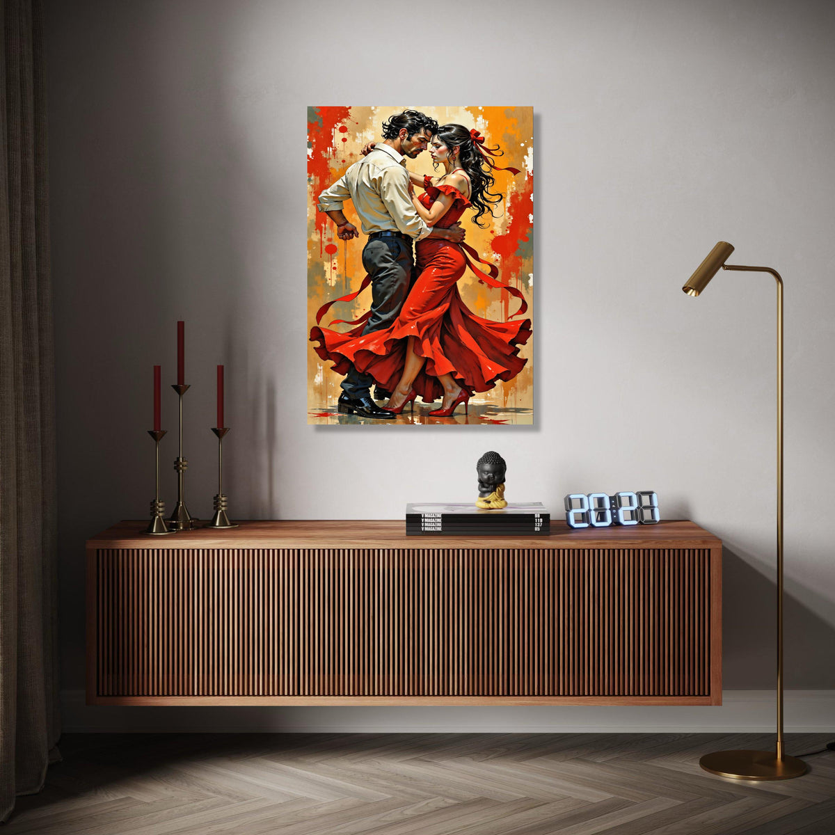 Passionate Flamenco Dance Couple Canvas, Romantic Spanish Dance Wall Art, Red Dress Movement Artwork, Dramatic Gift Art, Home Decor, Print