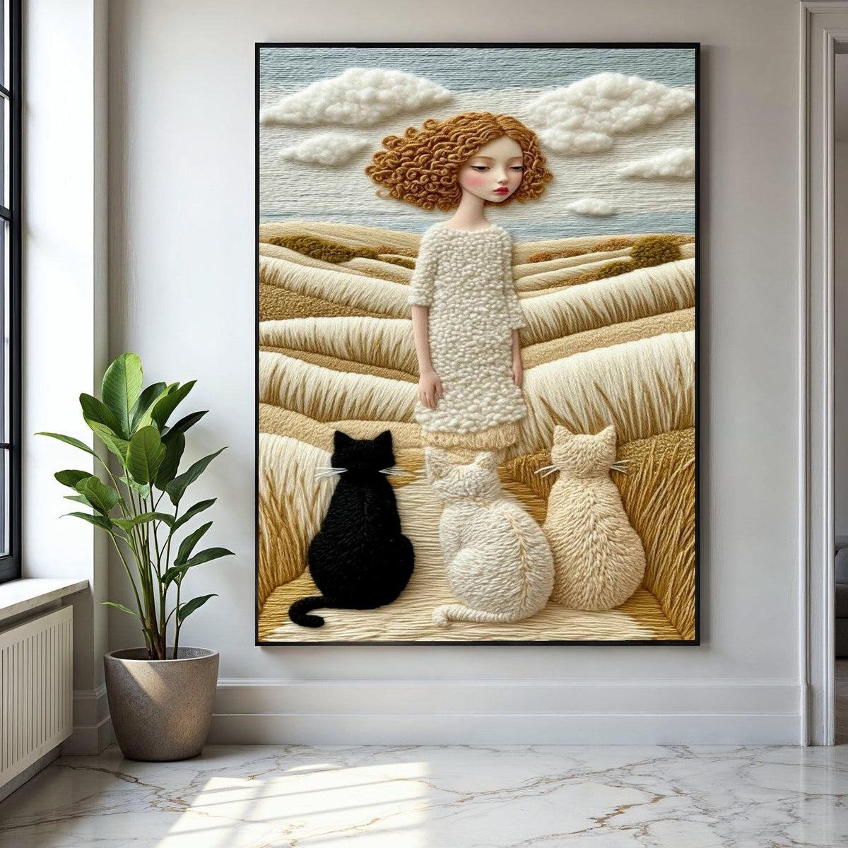 Whimsical Girl with Cats, Yarn Style Canvas, Cozy Countryside Wall Art, Soft Fiber Landscape, Unique Home Decor Gift Art, Home Decor, Print
