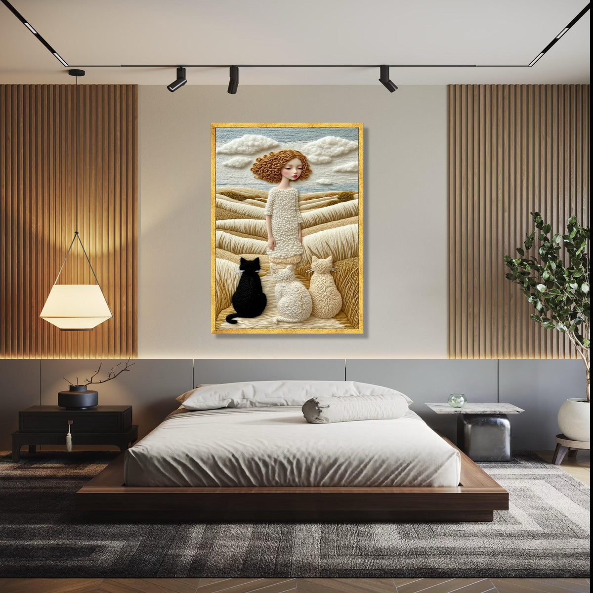 Whimsical Girl with Cats, Yarn Style Canvas, Cozy Countryside Wall Art, Soft Fiber Landscape, Unique Home Decor Gift Art, Home Decor, Print