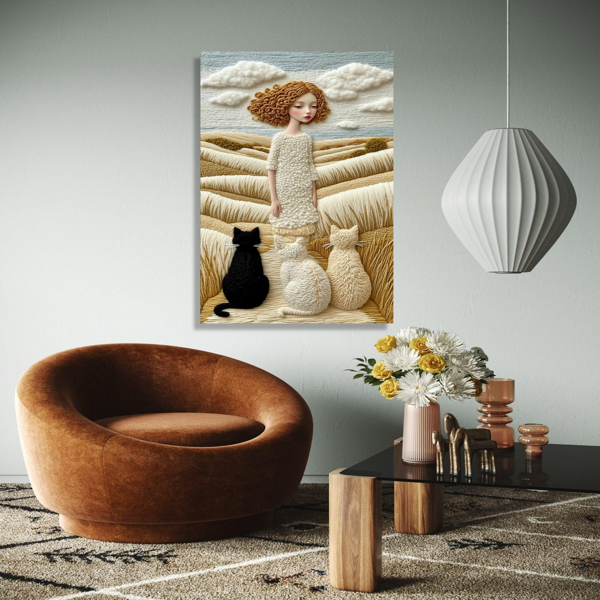 Whimsical Girl with Cats, Yarn Style Canvas, Cozy Countryside Wall Art, Soft Fiber Landscape, Unique Home Decor Gift Art, Home Decor, Print