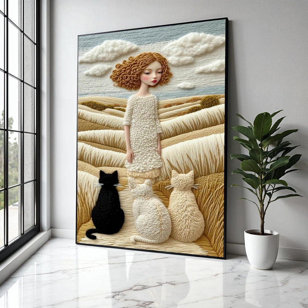Whimsical Girl with Cats, Yarn Style Canvas, Cozy Countryside Wall Art, Soft Fiber Landscape, Unique Home Decor Gift Art, Home Decor, Print