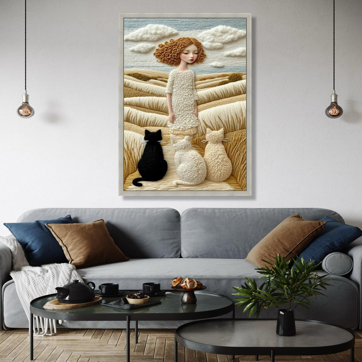 Whimsical Girl with Cats, Yarn Style Canvas, Cozy Countryside Wall Art, Soft Fiber Landscape, Unique Home Decor Gift Art, Home Decor, Print