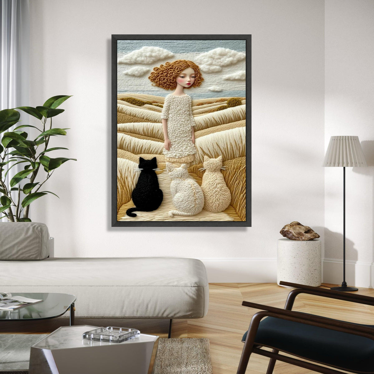 Whimsical Girl with Cats, Yarn Style Canvas, Cozy Countryside Wall Art, Soft Fiber Landscape, Unique Home Decor Gift Art, Home Decor, Print