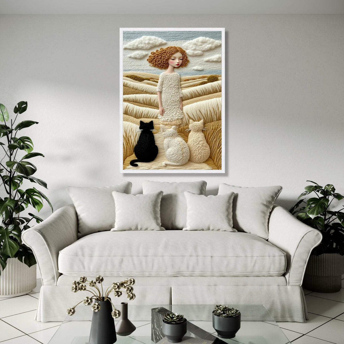Whimsical Girl with Cats, Yarn Style Canvas, Cozy Countryside Wall Art, Soft Fiber Landscape, Unique Home Decor Gift Art, Home Decor, Print