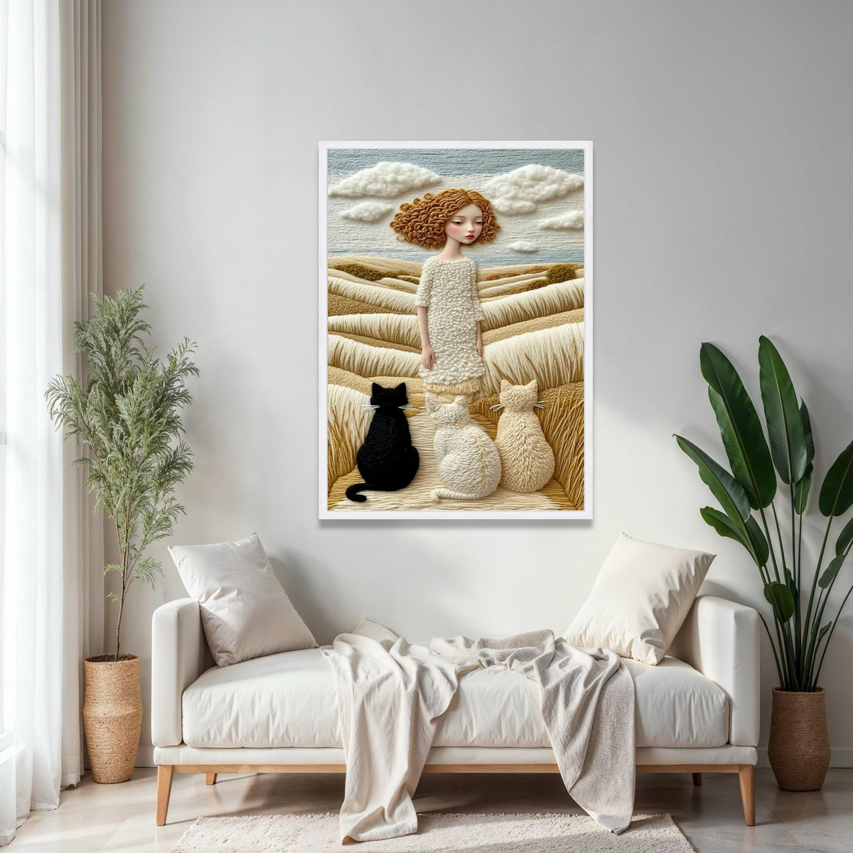 Whimsical Girl with Cats, Yarn Style Canvas, Cozy Countryside Wall Art, Soft Fiber Landscape, Unique Home Decor Gift Art, Home Decor, Print