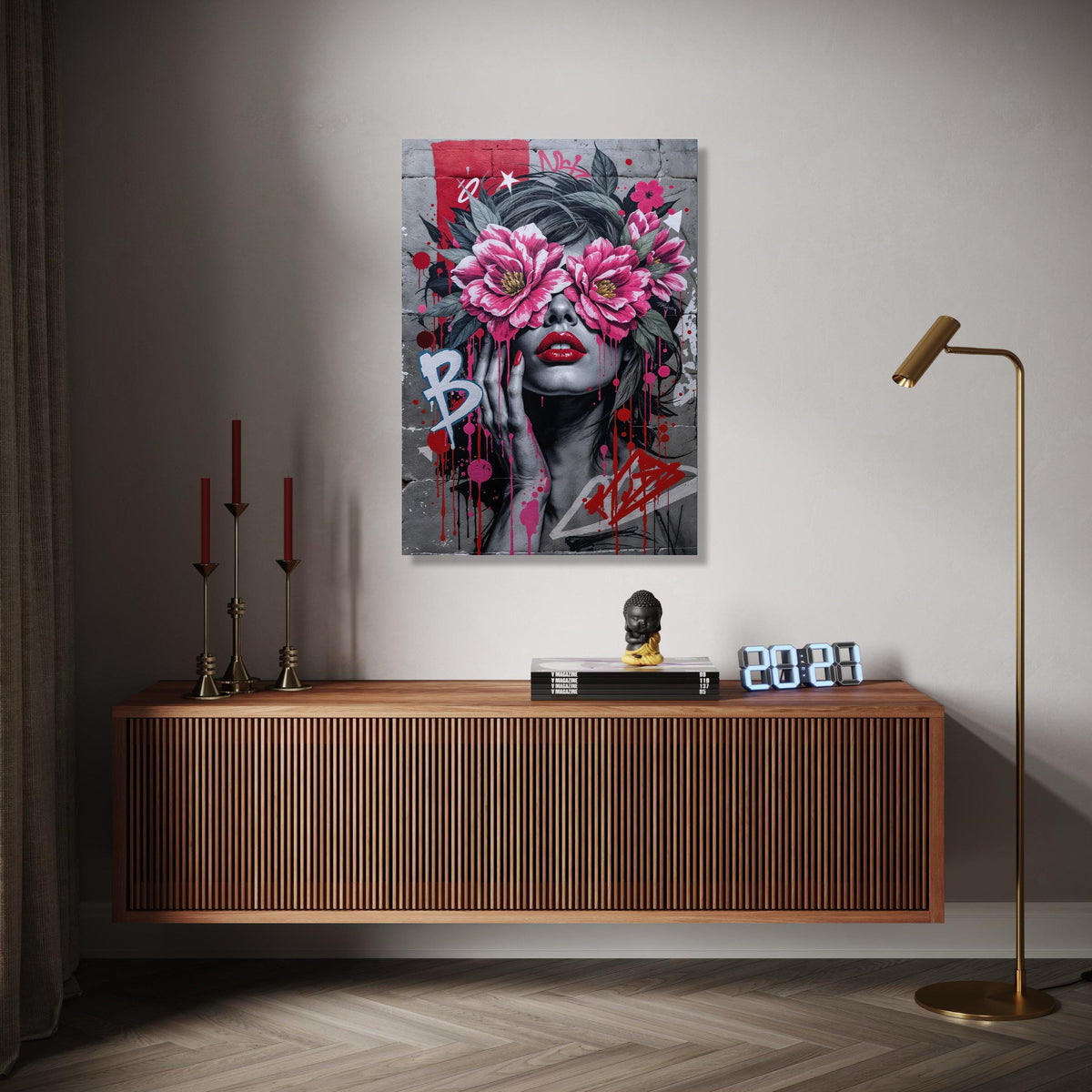 Bold Graffiti Woman Canvas, Floral Eye Cover Wall Art, Urban Street Art Design, Modern Pop Art Canvas, Home Gift Art, Home Decor, Print