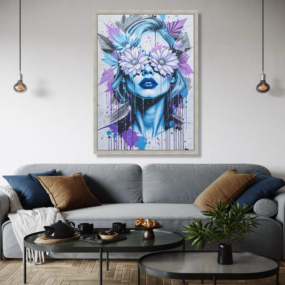 Modern Graffiti Woman Canvas, Floral Eyes Wall Art, Urban Street Art Print, Blue and Purple Abstract Canvas, Gift Art, Home Decor, Print