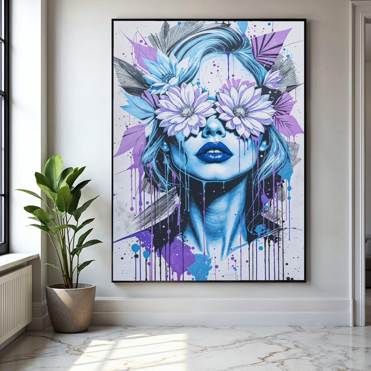 Modern Graffiti Woman Canvas, Floral Eyes Wall Art, Urban Street Art Print, Blue and Purple Abstract Canvas, Gift Art, Home Decor, Print