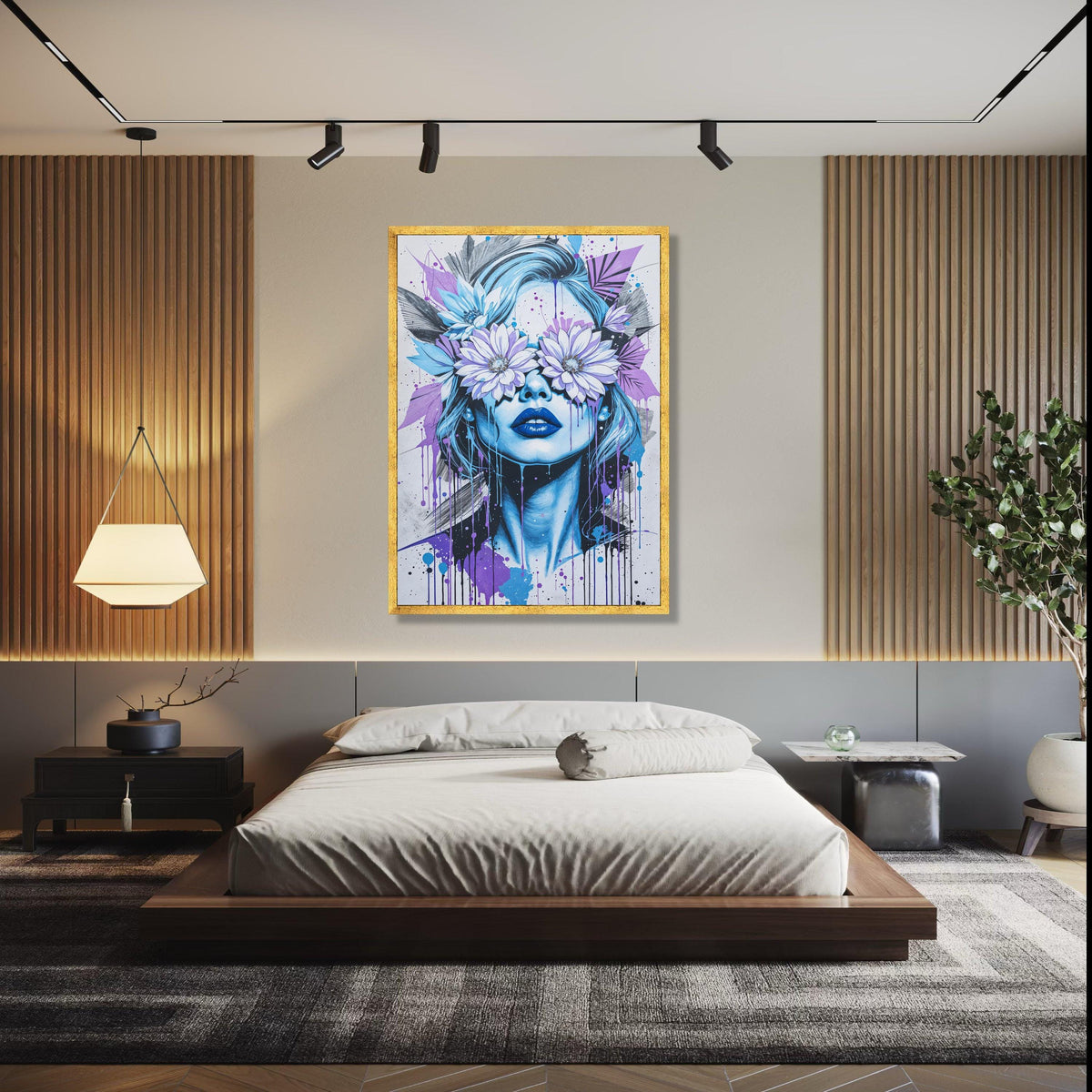 Modern Graffiti Woman Canvas, Floral Eyes Wall Art, Urban Street Art Print, Blue and Purple Abstract Canvas, Gift Art, Home Decor, Print
