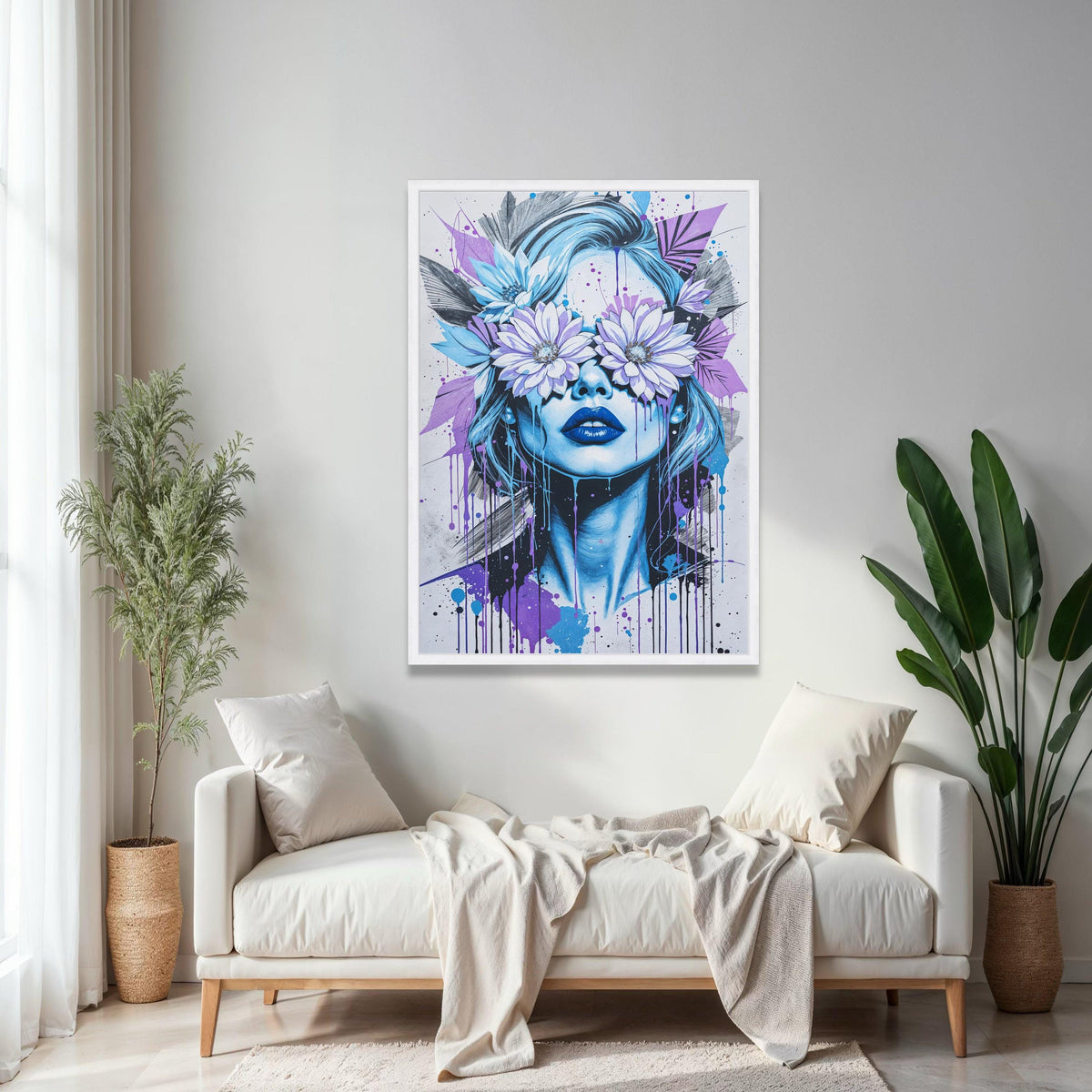 Modern Graffiti Woman Canvas, Floral Eyes Wall Art, Urban Street Art Print, Blue and Purple Abstract Canvas, Gift Art, Home Decor, Print