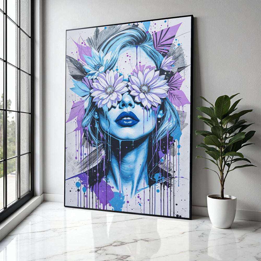 Modern Graffiti Woman Canvas, Floral Eyes Wall Art, Urban Street Art Print, Blue and Purple Abstract Canvas, Gift Art, Home Decor, Print