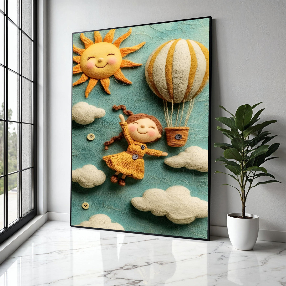 Whimsical Girl Flying Hot Air Balloon, Sunny Sky Canvas Wall Art, Kids Room Decoration, Cheerful Nursery Wall Gift Art, Home Decor, Print